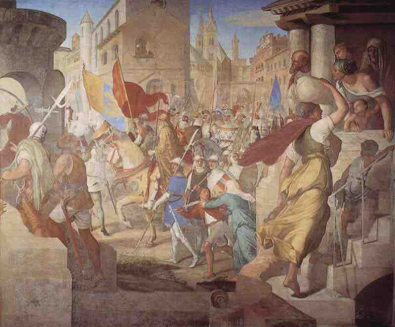 Fresco cycle of Casa Massimo in Rome, Ariosto Hall, scene: The army of the Franks under Charlemagne in the city of Paris, Julius Schnorr von Carolsfeld