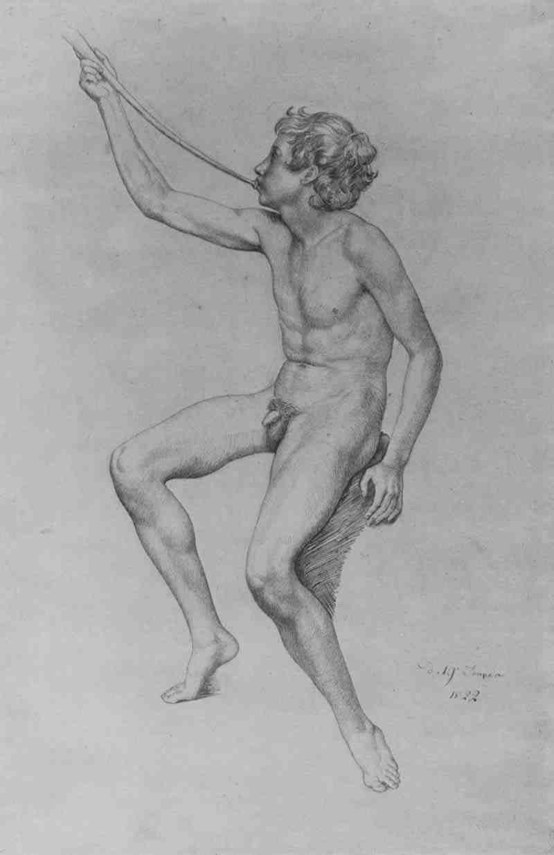 Nude Study of a seated youth with shawm, Julius Schnorr von Carolsfeld