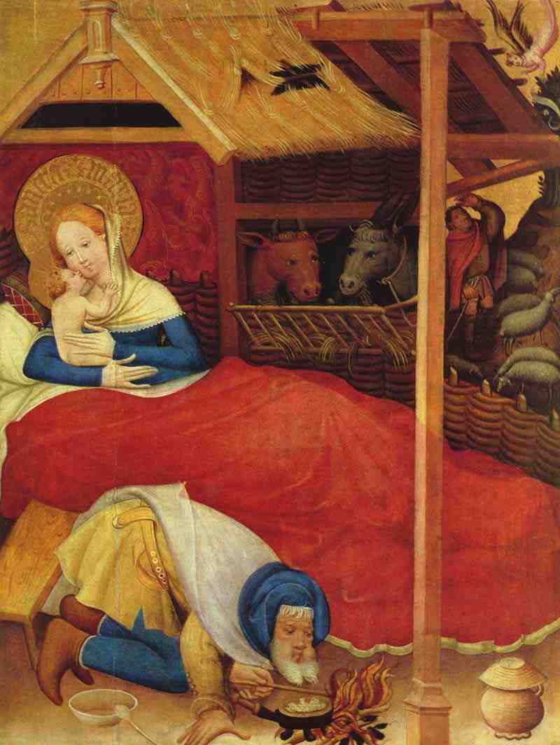 Passion Altar (Altar Wildungen), left wing: Annunciation, Nativity Birth, Adoration of the Three Magi, Presentation in the Temple, detail: Christ's birth. Conrad von Soest