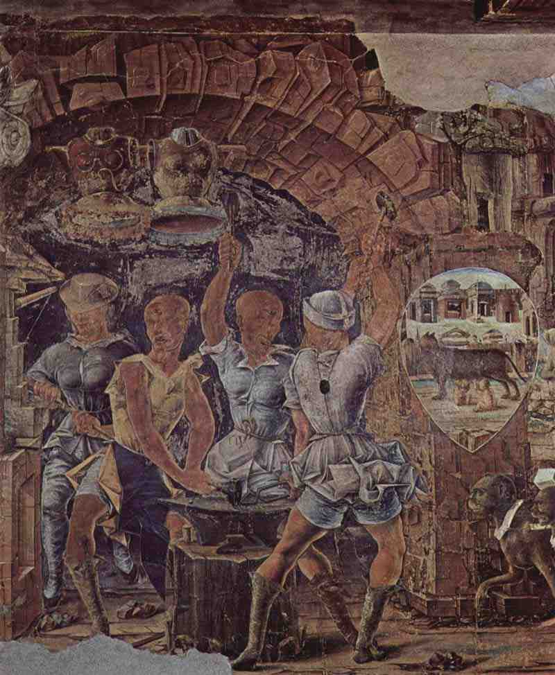 Frescoes in the Palazzo Schifanoia months representations, scene: September-Triumph of Vulcan, detail. Cosmè Tura