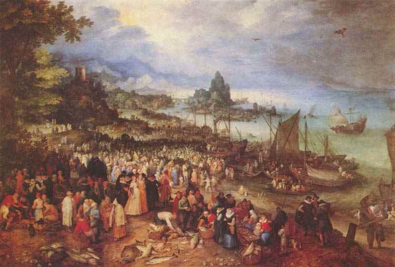 Seaport with the preaching of Christ, Jan Brueghel the Elder