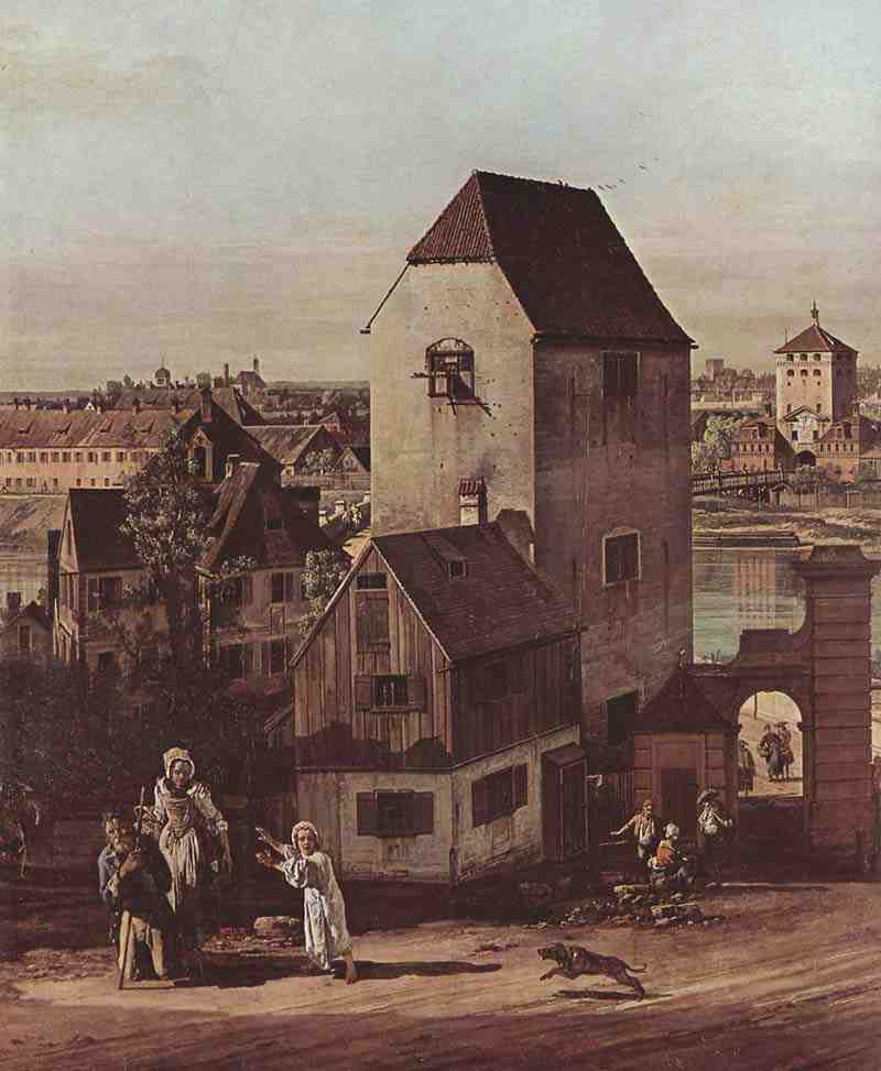 View from Munich, The Bridge gate and the River Isar, Munich seen from Heidhausen, detail, Canaletto (I), Bernardo Bellotto