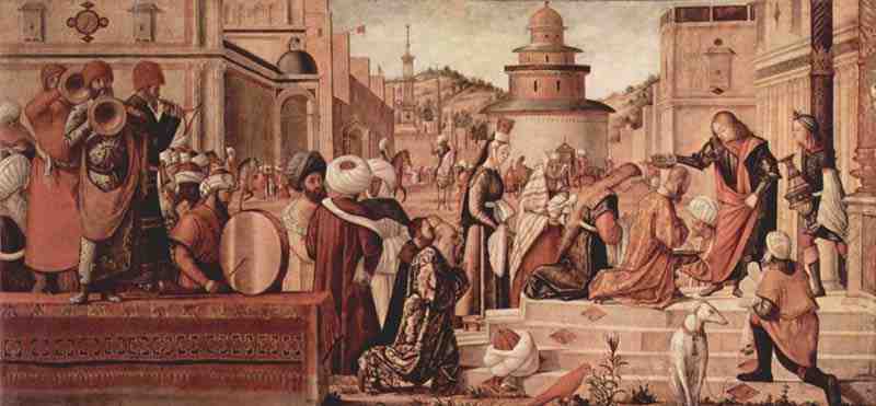 Series of paintings of the chapel of the Scuola di San Giorgio degli Schiavoni, scene: Baptism of infidels by St. George, Vittore Carpaccio