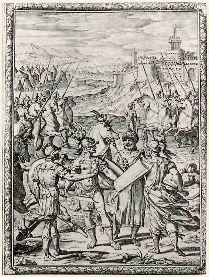 Illustration of Torquato Tasso's   Gerusalemme Liberata La, Argantes Tancred and prepare for battle. Bernardo Castello