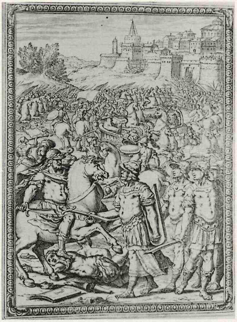 Illustration of Torquato Tasso's ,Gerusalemme Liberata La, A Sarazaen Godfrey passes his sword, Bernardo Castello 