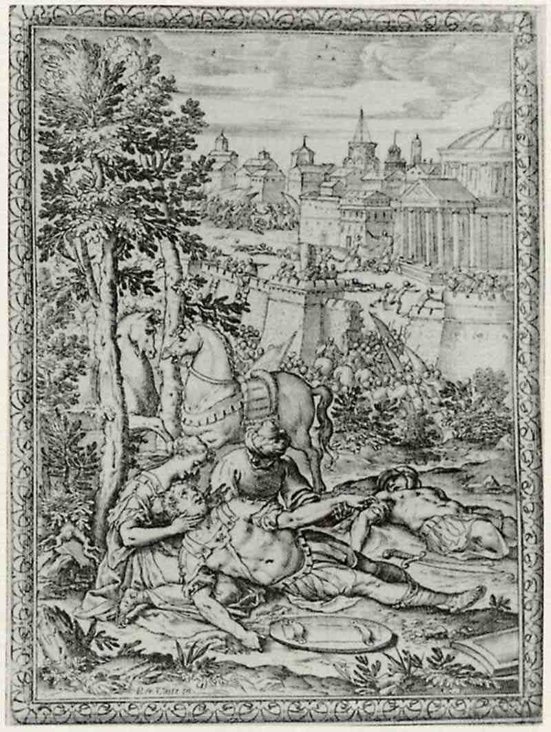 Illustration of Torquato Tasso's  Gerusalemme Liberata La  Erminia Tancred supplied wounds. Bernardo Castello