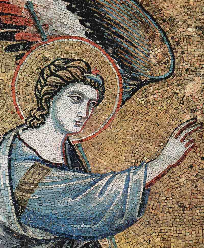 Mosaics with cycle of 6 scenes life of Mary in the apse of Santa Maria Trasteverde in Rome, scene: Annunciation, detail. Pietro Cavallini