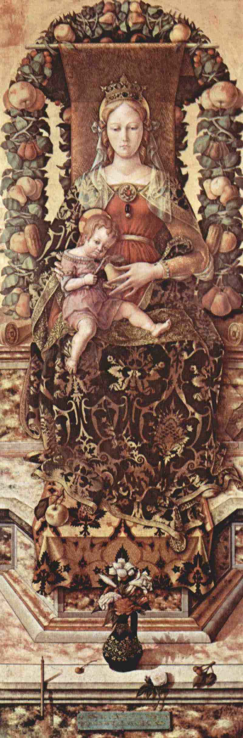 Altar of the Cathedral of Camerino, Madonna della Candeletta scene: enthroned Madonna and extinct candle at the foot of the throne. Carlo Crivelli