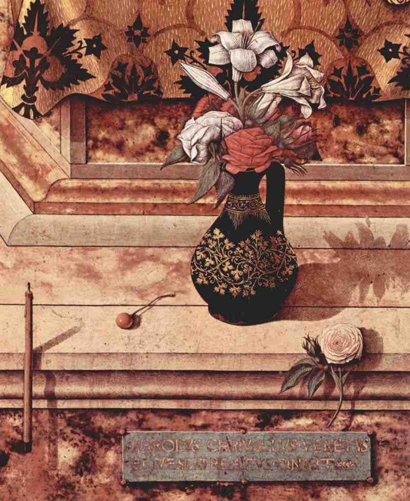 Altar of the Cathedral of Camerino, Madonna della Candeletta scene: enthroned Madonna and extinct candle at the foot of the throne, detail. Carlo Crivelli