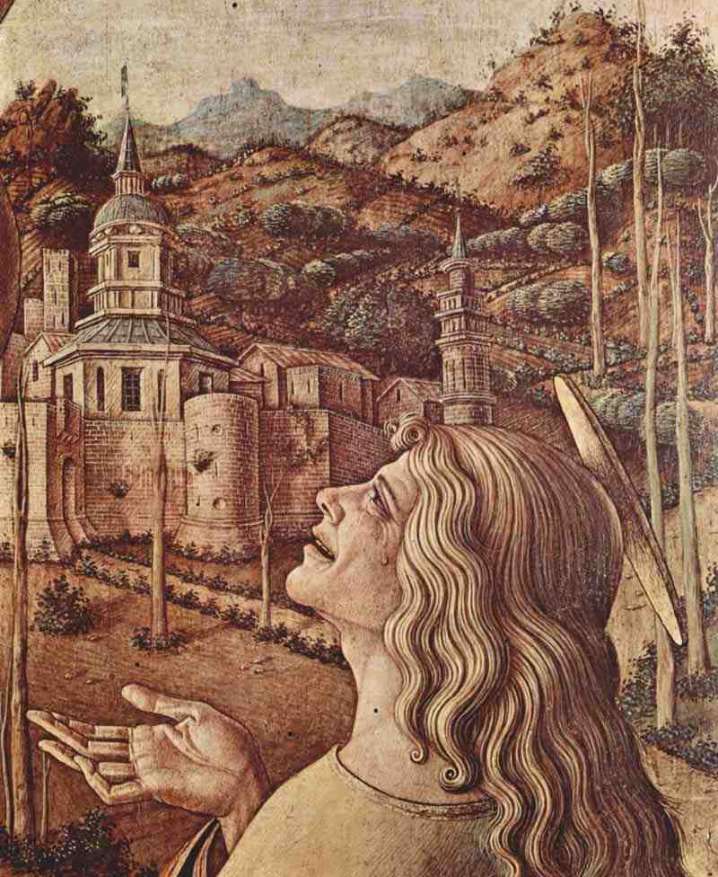 Altar of the Cathedral of Camerino, scene: Crucifixion, detail: Weeping St. John. Carlo Crivelli
