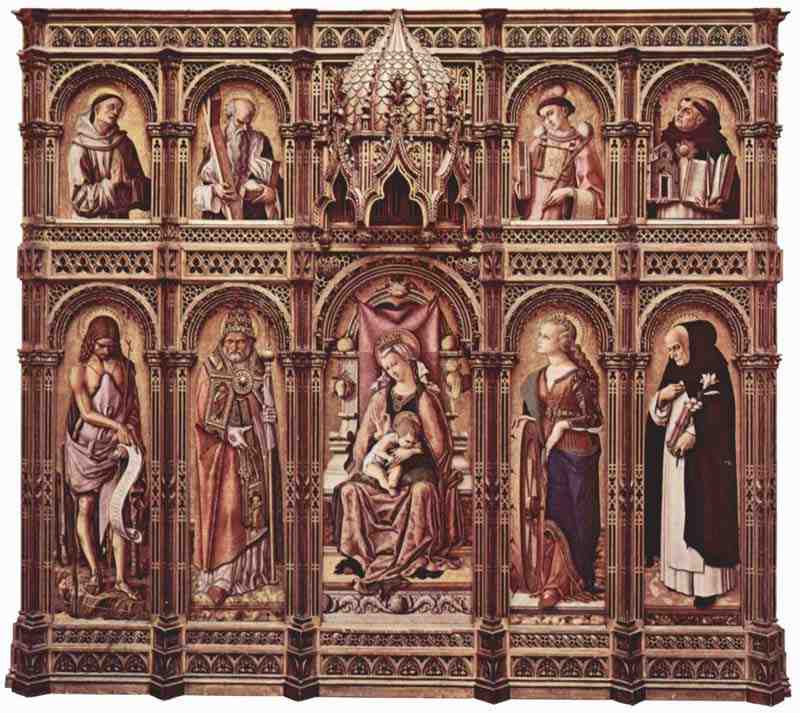 Altar of San Domenico at Ascoli, polyptych, General View, middle panel: Enthroned Madonna, left and right panels and upper register: Holy. Carlo Crivelli