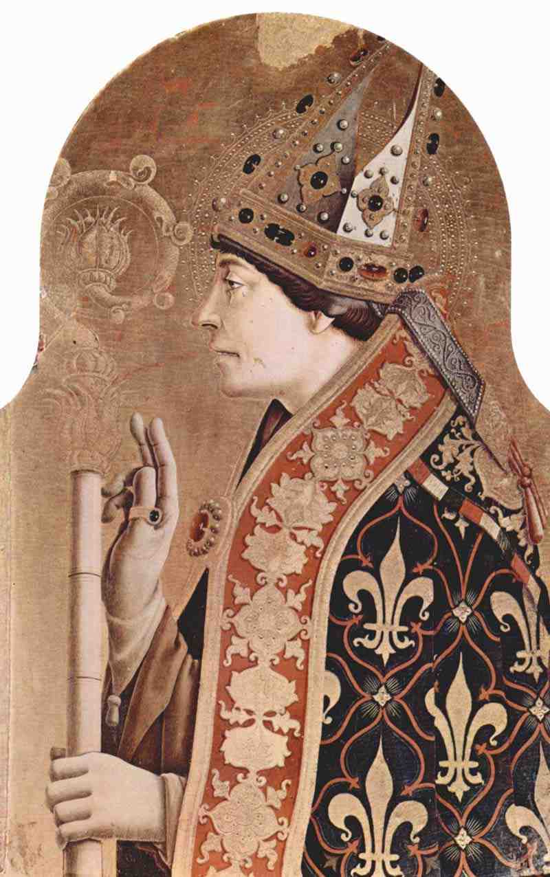 Altarpolyptychon of San Francesco at Montefiore dell 'Aso, right external top board: St. Louis of Toulouse. Carlo Crivelli
