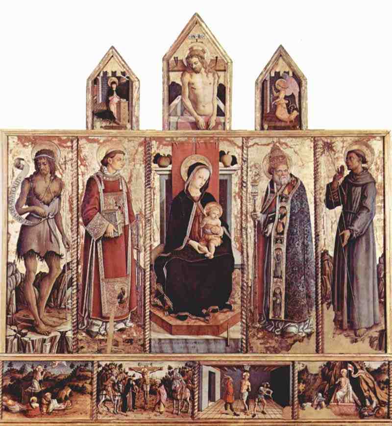 Altarpiece of San Silvestro at Massa Fermana, General View, middle panel: Enthroned Madonna, left and right panels: Saints, predella: Scenes of Passion Christi, top panels: the Annunciation and the Man of Sorrows. Carlo Crivelli
