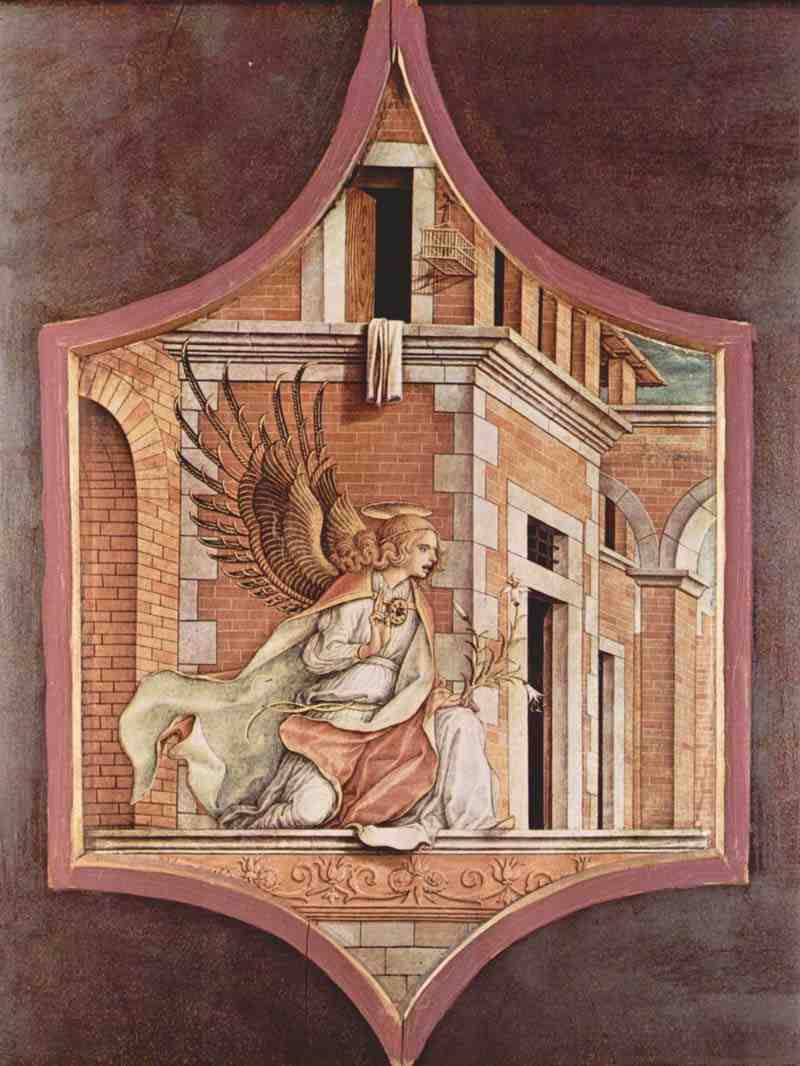 Altar triptych, left top: Angel of the Annunciation. Carlo Crivelli