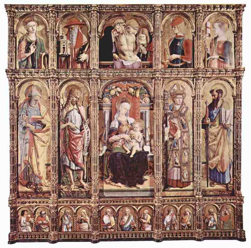 Main altar of the Cathedral of Ascoli, polyptych, General View, middle panel: Enthroned Madonna, left and right panels: Saints, predella: apostles and Christ blessing, essays: Saints and Lamentation of Christ. Carlo Crivelli