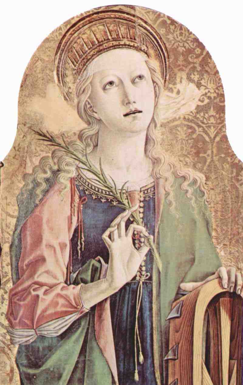 Main altar of the Cathedral of Ascoli, polyptych, left outer top board: St. Catherine of Alexandria. Carlo Crivelli
