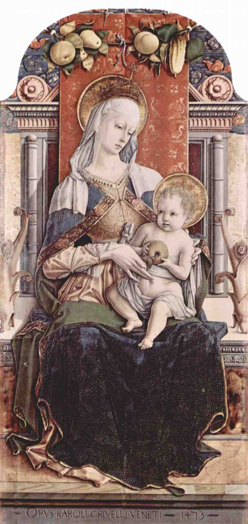 Main altar of the Cathedral of Ascoli, polyptych, middle panel: Enthroned Madonna. Carlo Crivelli