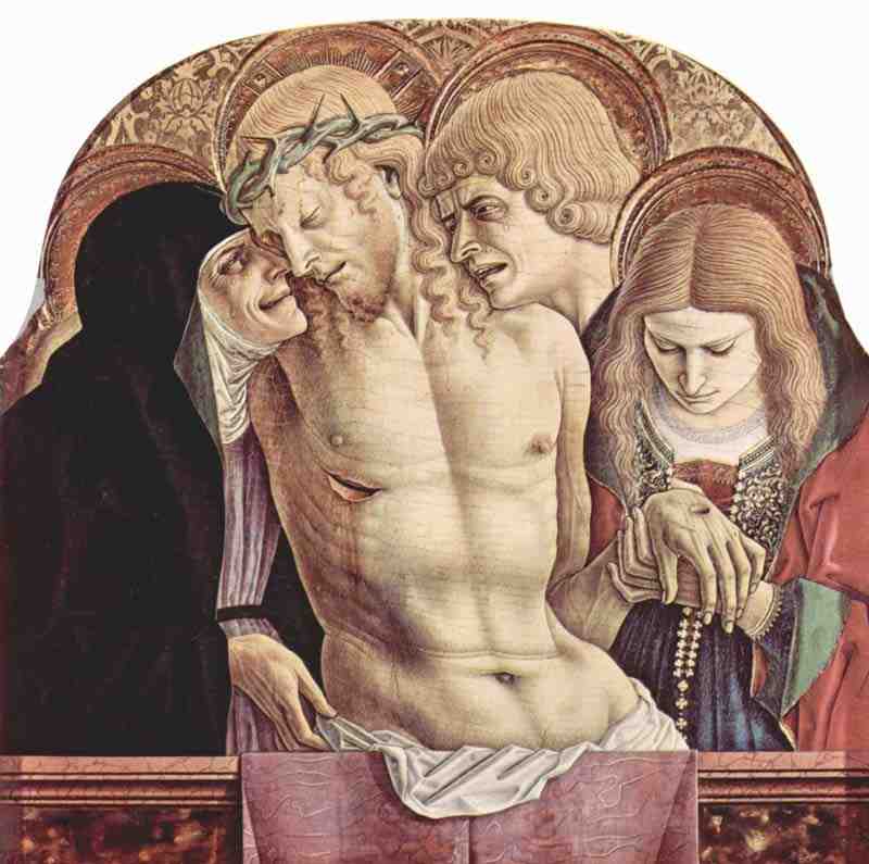 Main altar of the Cathedral of Ascoli, polyptych, middle top board: Lamentation of Christ. Carlo Crivelli