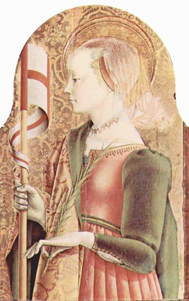 Main altar of the Cathedral of Ascoli, polyptych, outer right top board: St. Ursula. Carlo Crivelli