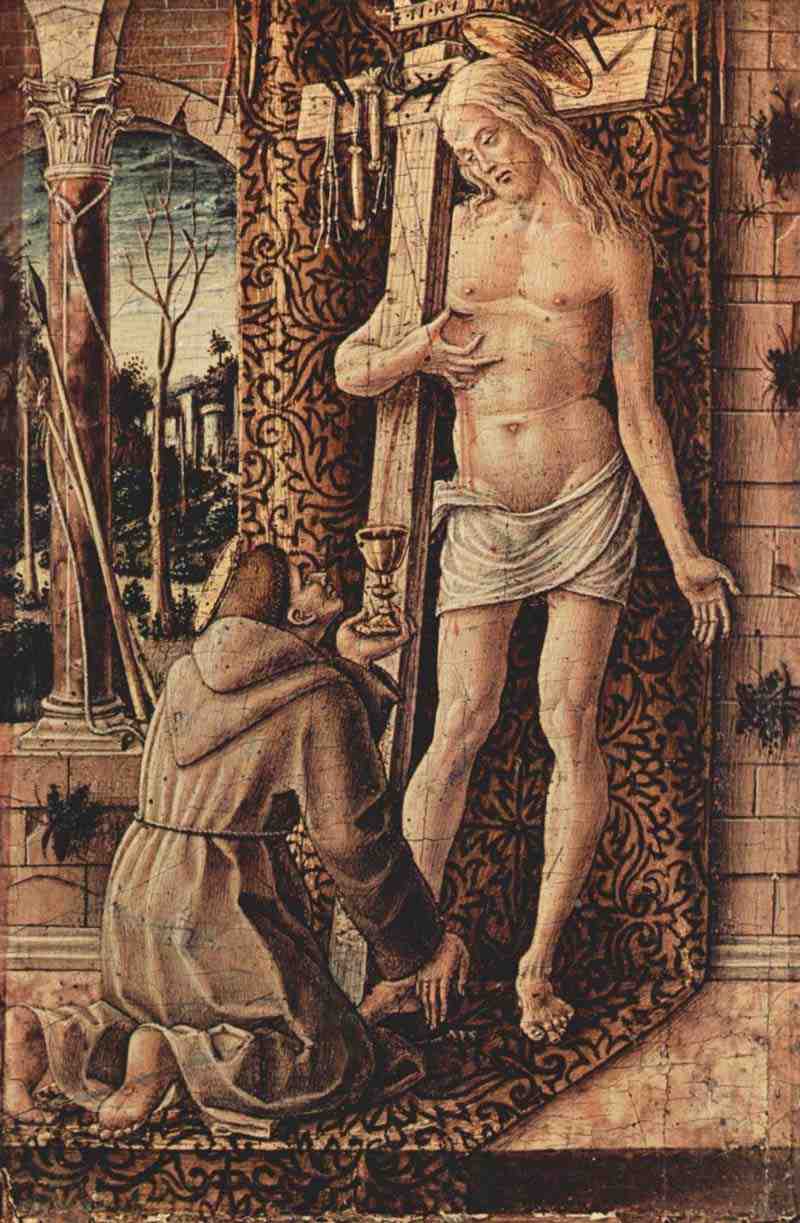 St. Francis of Assisi collects the blood of Christ from the wounds. Carlo Crivelli