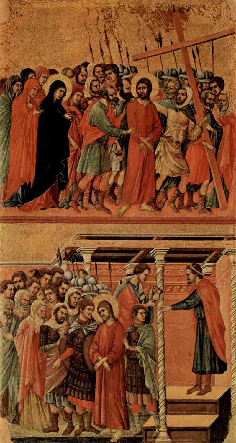 Maestà : Calvary and innocence of Pilate. Duccio di Buoninsegna 