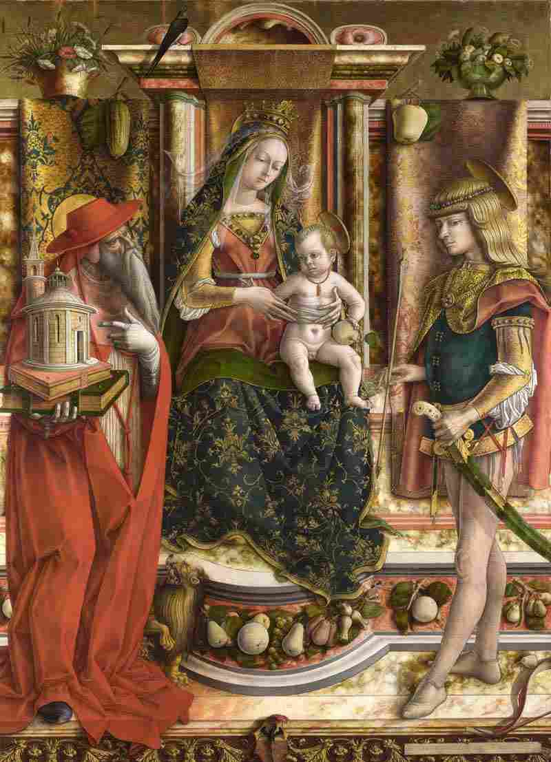 Odoni altar, middle panel: Enthroned Madonna, St. Jerome and St. Sebastian. Carlo Crivelli