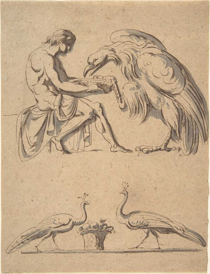 Jupiter, disguised as an eagle, with Ganymede, and a sketch of two peacocks . Nicolai Abraham Abildgaard