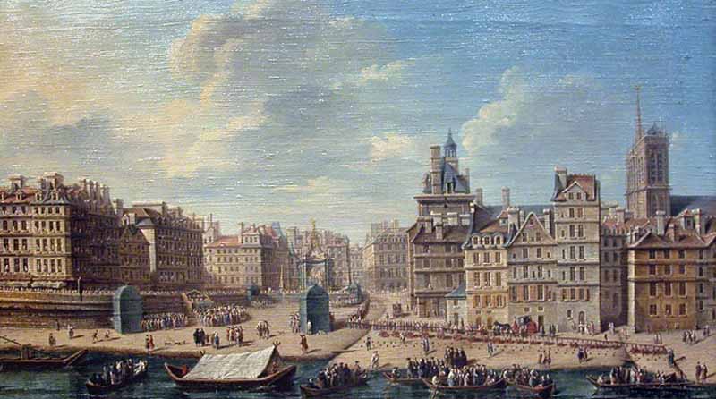 Place de Greve and decorations for the fireworks to mark the birth of Princess Maria Theresa, daughter of Dauphin. Nicolas-Jean-Baptiste Raguenet