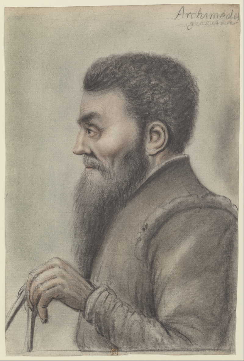Archimedes, holding a compass, profile left. Nicolas Lagneau