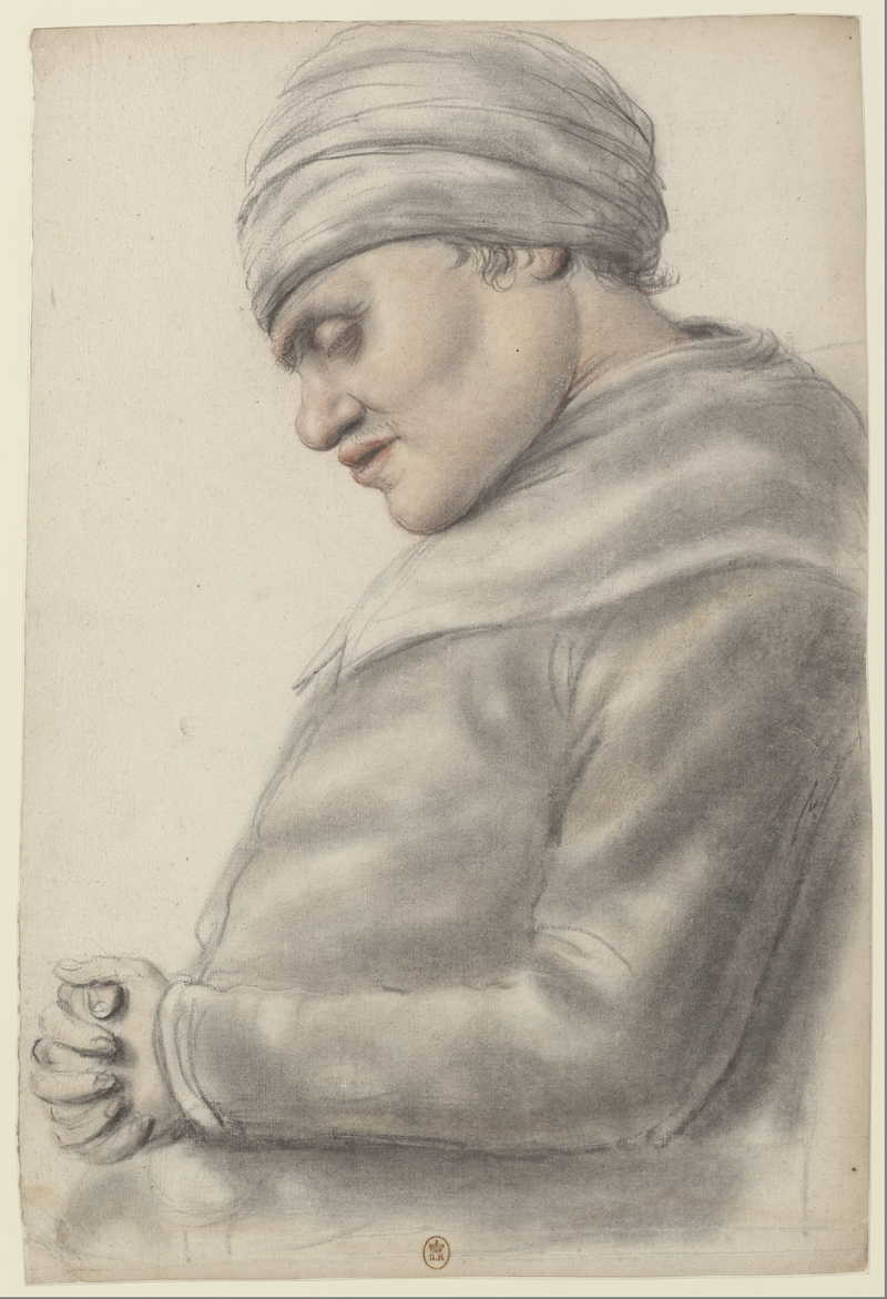 Woman (?) Profile to the left, hands folded on her stomach, eyes half closed, the head turbaned . Nicolas Lagneau