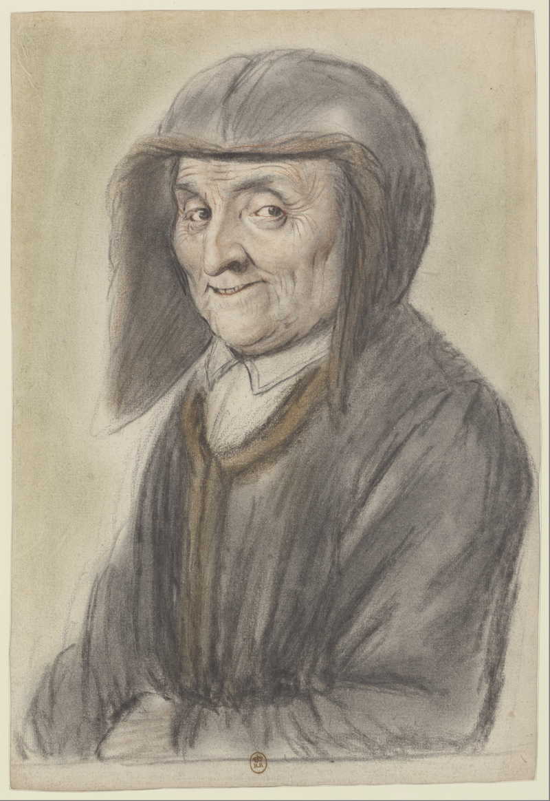 Elderly woman, wearing a black hood with brown lining matched her coat, three-quarter view to the left. Nicolas Lagneau