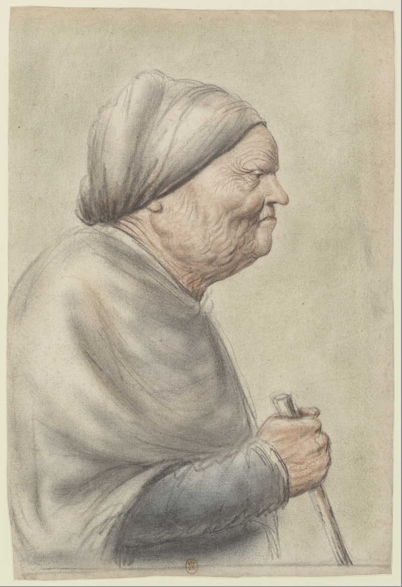 Elderly woman, wearing a white cap, holding a cane in her right hand, right side view. Nicolas Lagneau