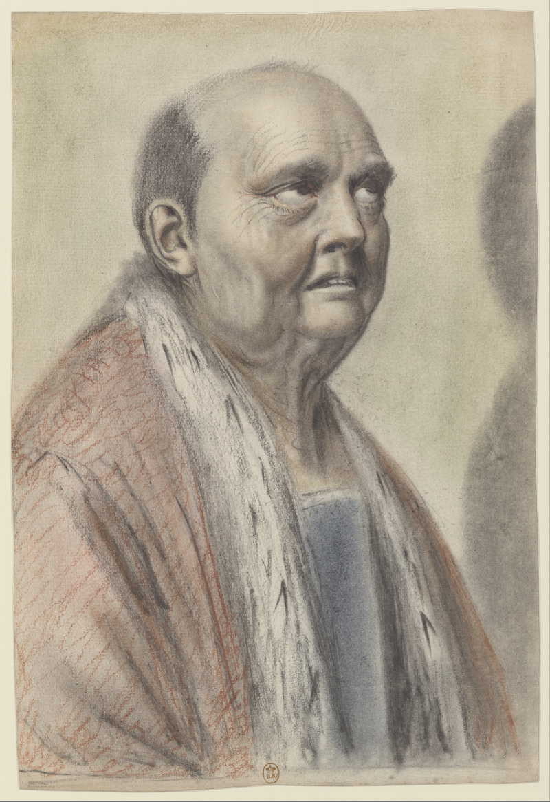 Man with bald head, looking up at the sky wearing a red cloak lined with ermine fur on a blue garment, seen from three quarters to the right. Nicolas Lagneau