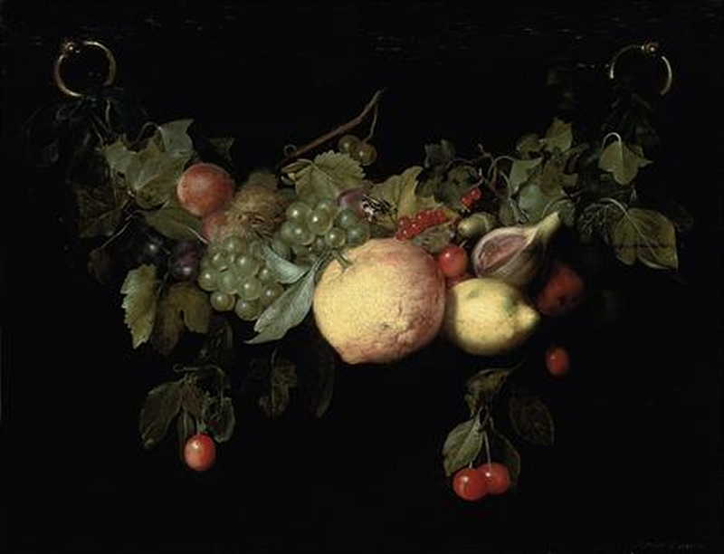 A swag of lemons, plums, cherries, redcurrants, a fig, an orange, and other fruit, with a butterfly. Petrus Willebeeck