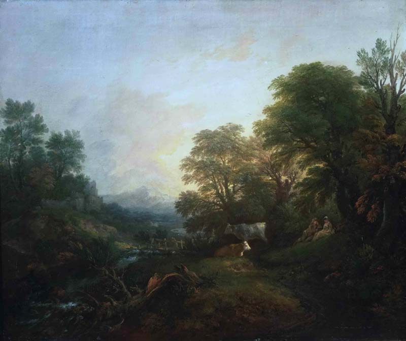 Landscape with Rustic Lovers, Two Cows, and a Man on a Distant Bridge. Thomas Gainsborough