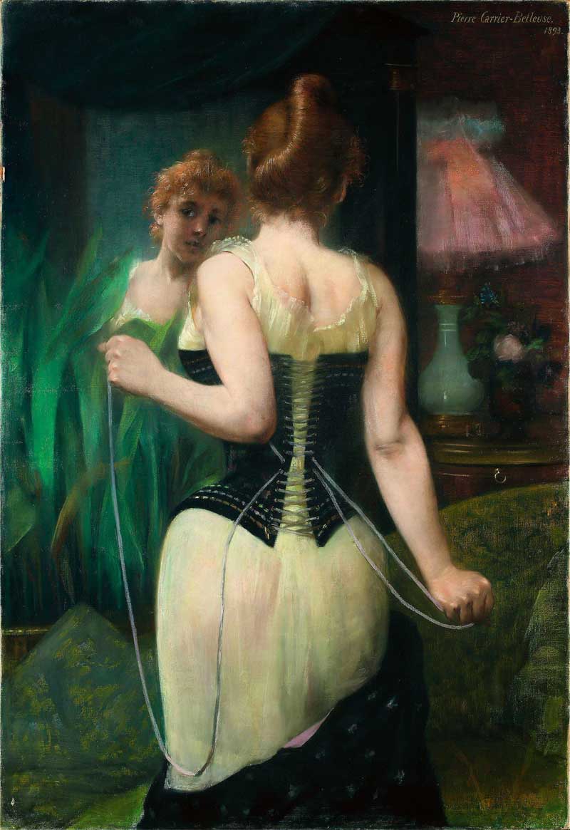 Young woman adjusting her corset. Pierre Carrier-Belleuse