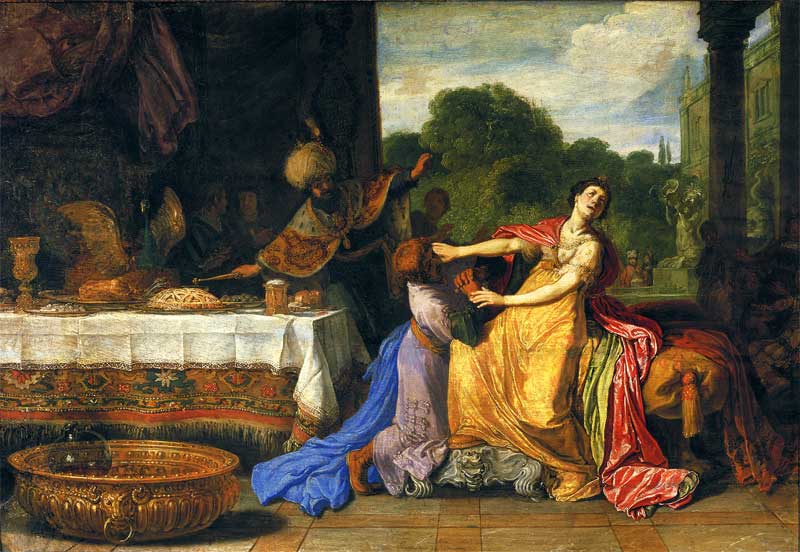 Haman begging Esther for mercy. Pieter Pietersz. Lastman