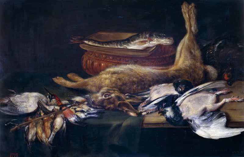 Still life with a hare, fish and birds. Alexander Adriaenssen