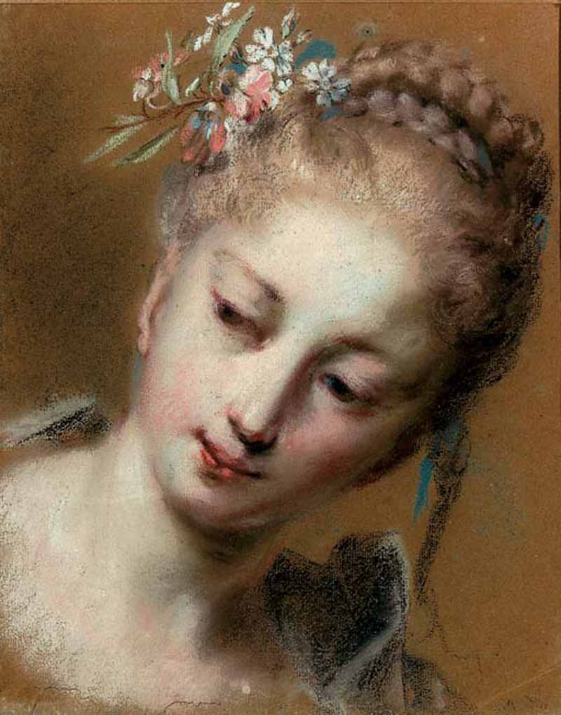 Head of girl with flowers in her hair braids, Rosalba Carriera