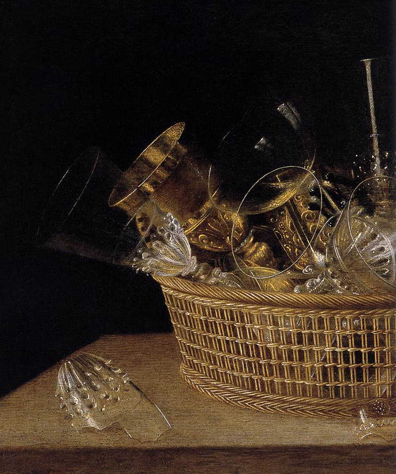 Still-Life of Glasses in a Basket (detail). Sebastian Stoskopff