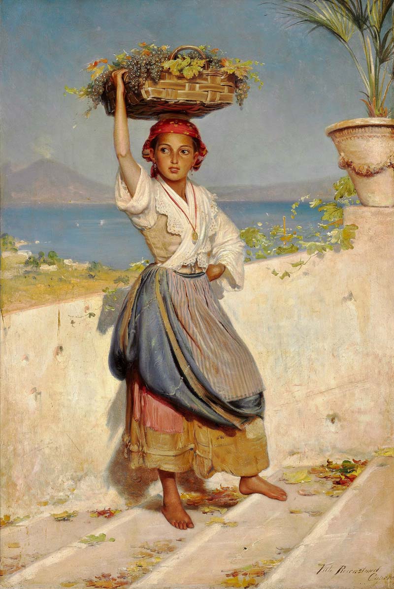 Young woman from Capri carrying a basket filled with grapes on her head