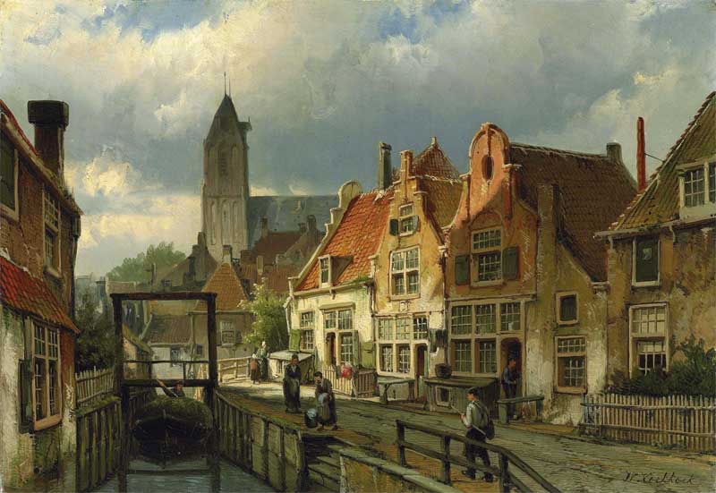 Figures on a Canal in Oudewater. Willem Koekkoek