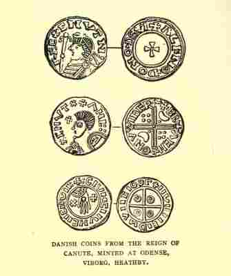 DANISH COINS FROM THE REIGN OF CANUTE, MINTED AT ODENSE, VIBORG, HEATHBY.