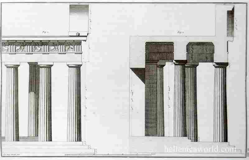 J. D. Le Roy. View and section of the entrace of the Parthenon, 1758