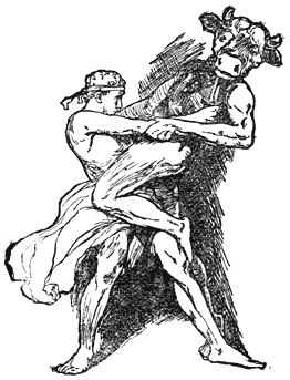 Theseus doodt den Minotaurus.