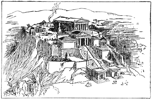 De Acropolis te Athene, (zooals zij zich voordeed op het toppunt van Athene’s roem.)