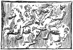 Mannen te paard, die zich haasten, om deel te nemen aan den optocht naar den tempel van Athene. (Naar een fries van het Parthenon).
