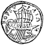 Bronzen munt, waarop een schip onder zeil te zien is.