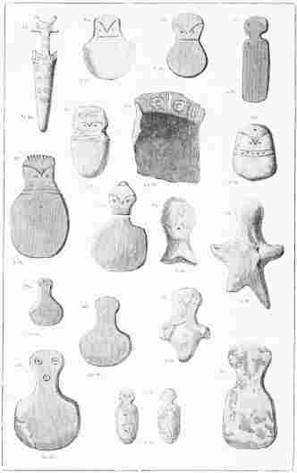 14. 14 M. Nos. 14-30. Rude Idols found in the various Strata (2 to 14 M.). No. 14 is of Ivory, with the same Decorations on both sides. Nos. 15, 16, 18, 20, 25, 26, 28, are of very fine Marble. No. 17 is of Green Slate. Nos. 23, 24, 27 are of Terra-cotta: and No. 19 is a Piece of a Dish.