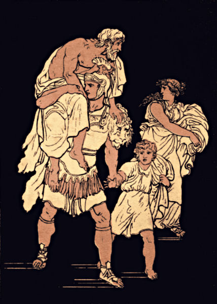 Aeneas, carrying Anchises, flees with his wife and child